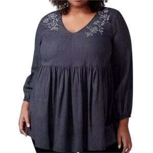 Lane Bryant Women's Gray Embroidered Babydoll Peplum‎ Top Plus Size 18 20 2X